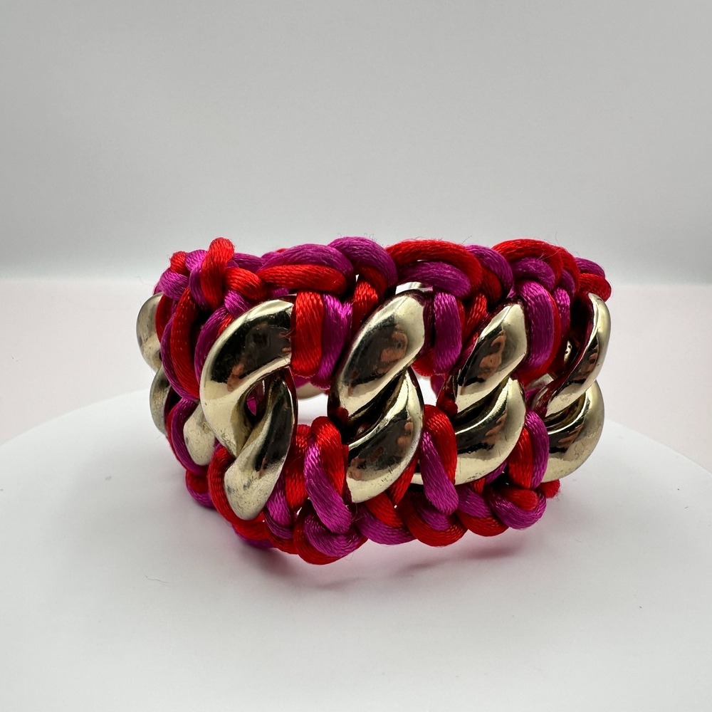 Vintage Y2K Chunky Gold Tone Curb Chain Bracelet with Pink & Red Rope
